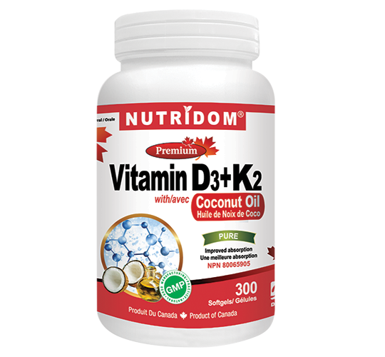 Nutridom Vitamin D3+K2 with COCONUT Oil 300 Softgels